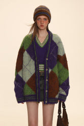 Retro Diamond Check V - Neck Knit Cardigan - COPPING THREADS - MOROMORO